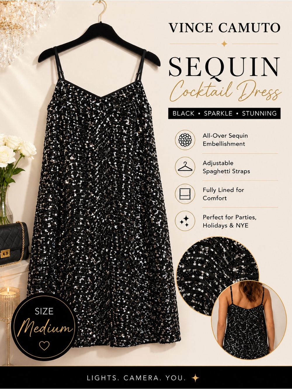 Vince Camuto Black Sequin Spaghetti Strap Mini Dress